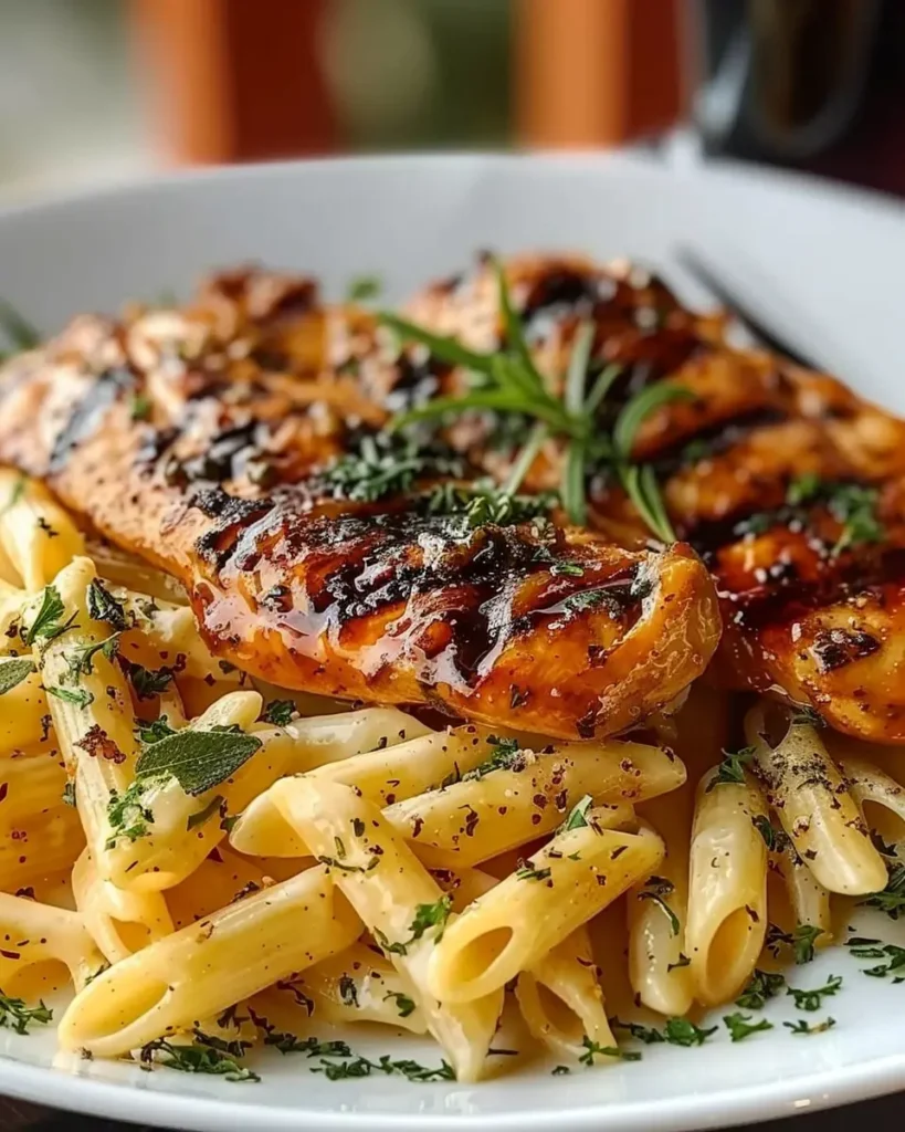Poulet Grillé avec Pâtes Penne Crémeuses aux Herbes