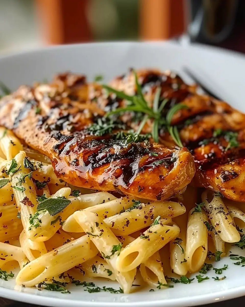 Poulet Grillé avec Pâtes Penne Crémeuses aux Herbes