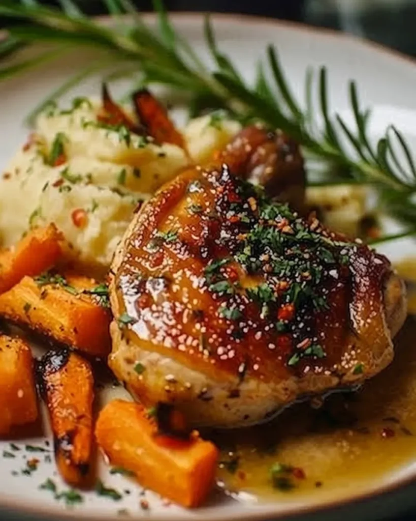 Cuisses de poulet crémeuses aux herbes avec purée de pommes de terre et carottes glacées