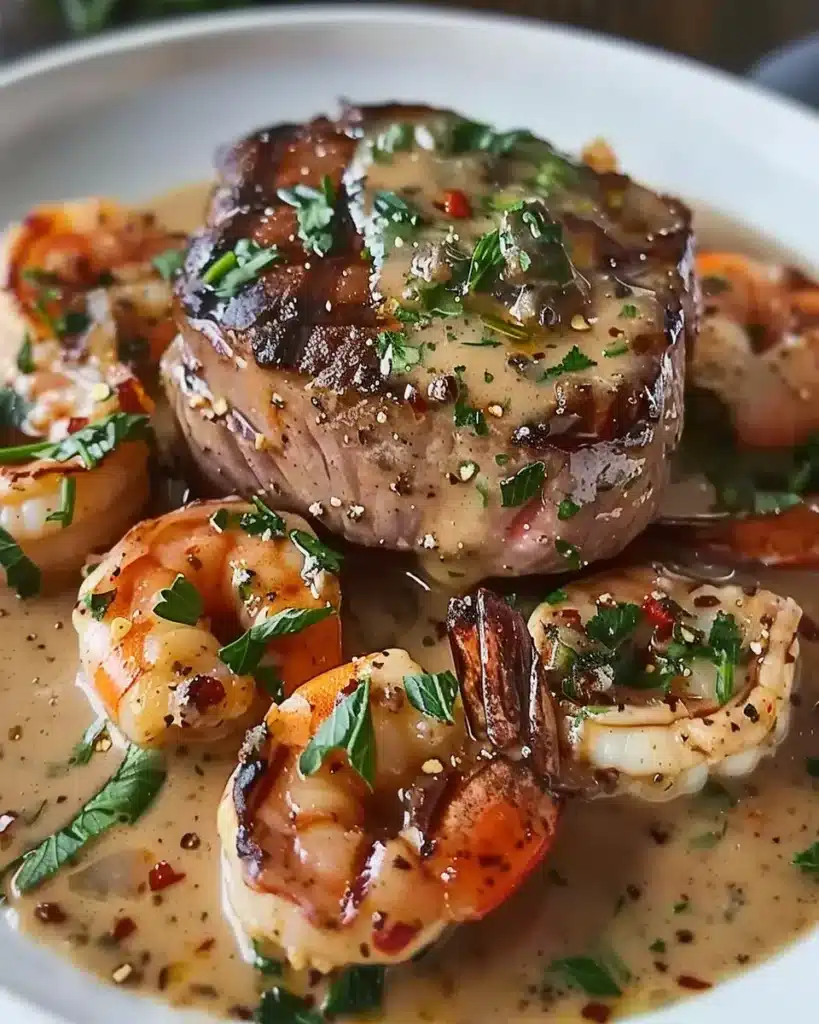Steak dans une sauce crémeuse aux crevettes cajun