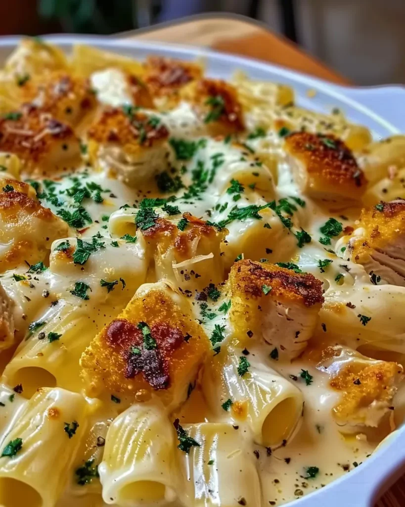 Bouchées de poulet crémeuses et rigatoni dans une crème au cheddar, parmesan et ail