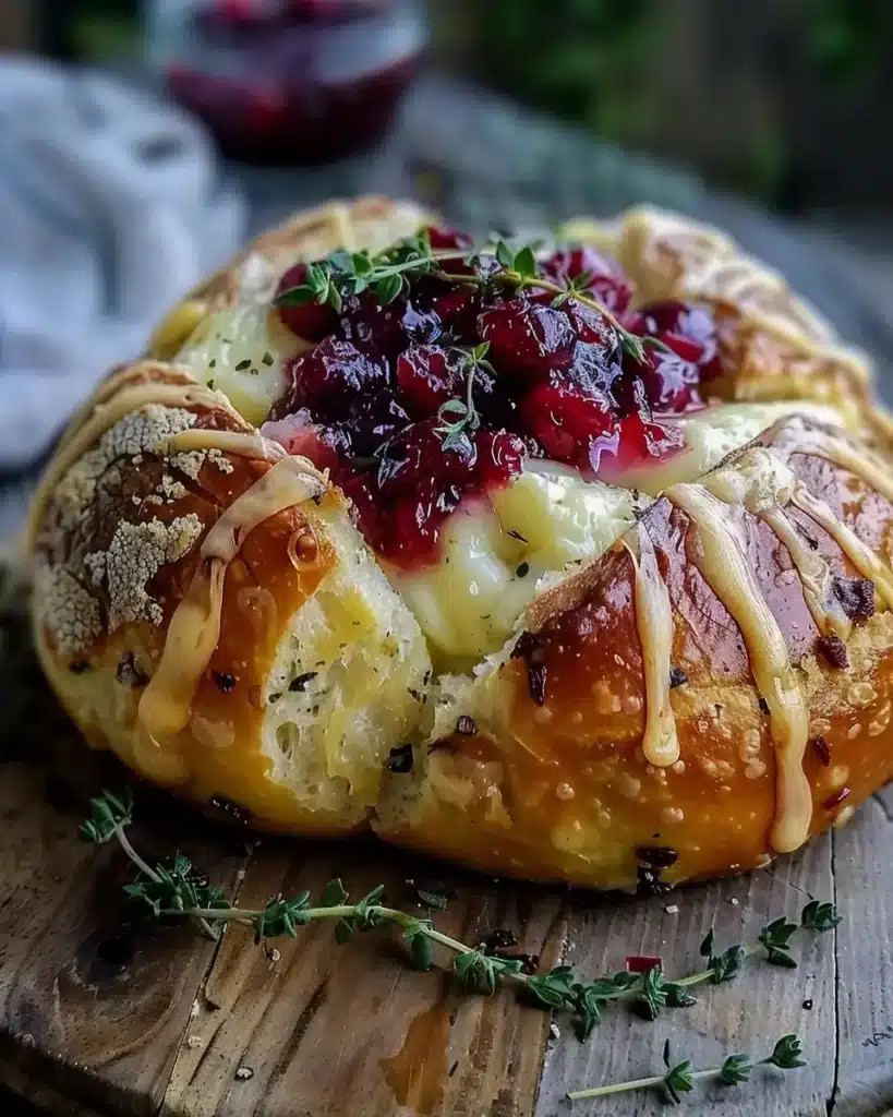 Brie baked in a bread bowl with cranberry and thyme sauce