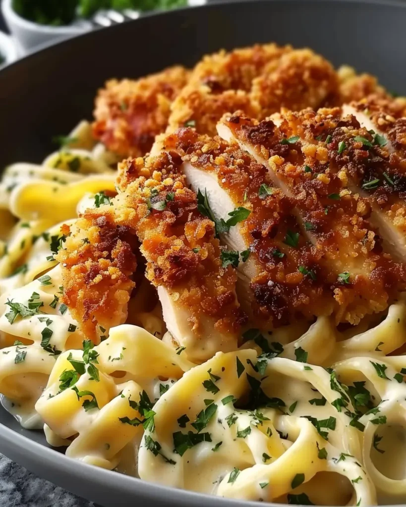 Crispy chicken with creamy pasta