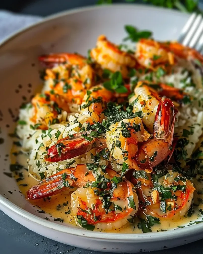 Crevettes à l'ail et au beurre crémeux avec riz aux herbes
