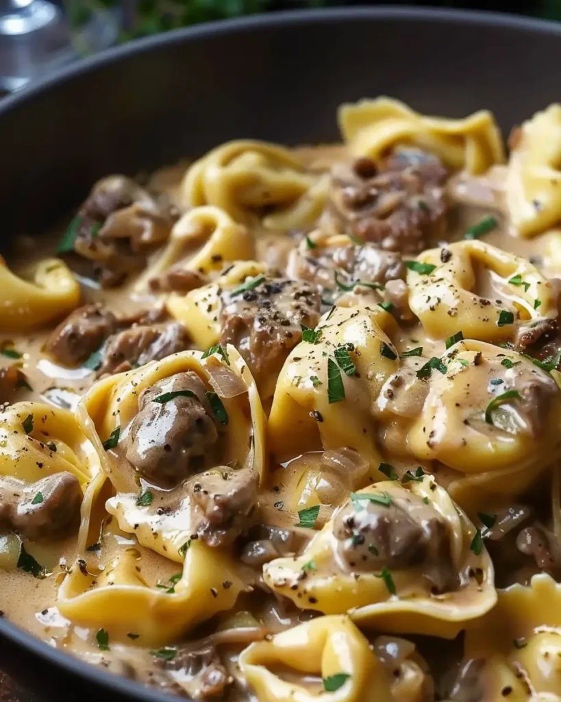 Creamy one-pan beef Stroganoff tortellini with savory sauce