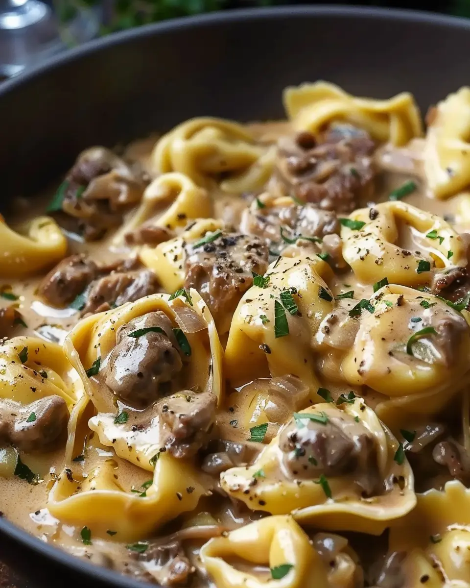Creamy one-pan beef Stroganoff tortellini with savory sauce