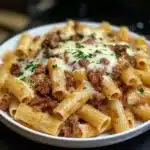 Rigatoni crémeux au beurre à l'ail et fromage avec bœuf savoureux
