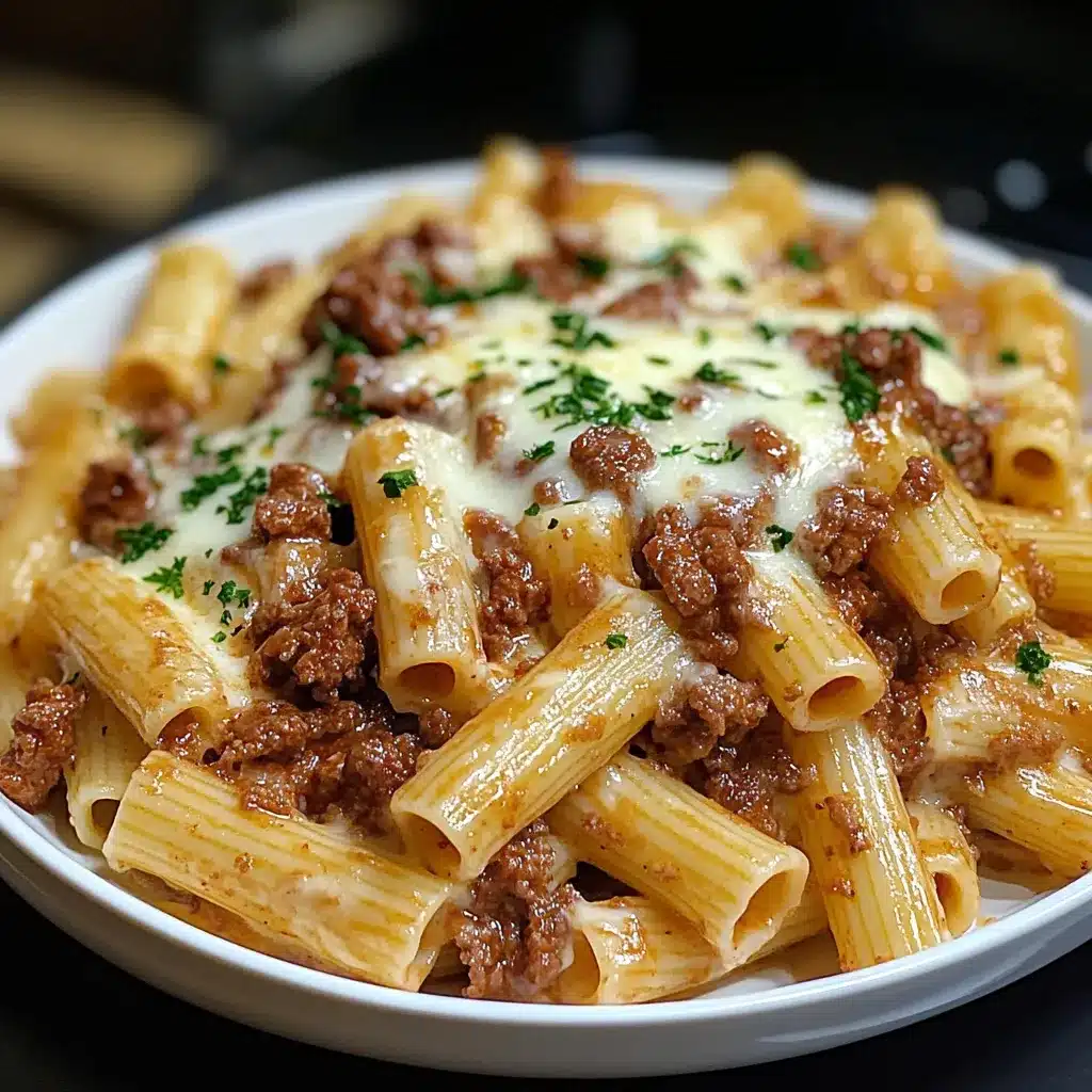 Rigatoni crémeux au beurre à l'ail et fromage avec bœuf savoureux