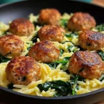 Boulettes de Poulet à la Ricotta et Citron sur Orzo aux Épinards et Ail