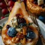 Poire chaude au four avec baies, noix et fromage bleu