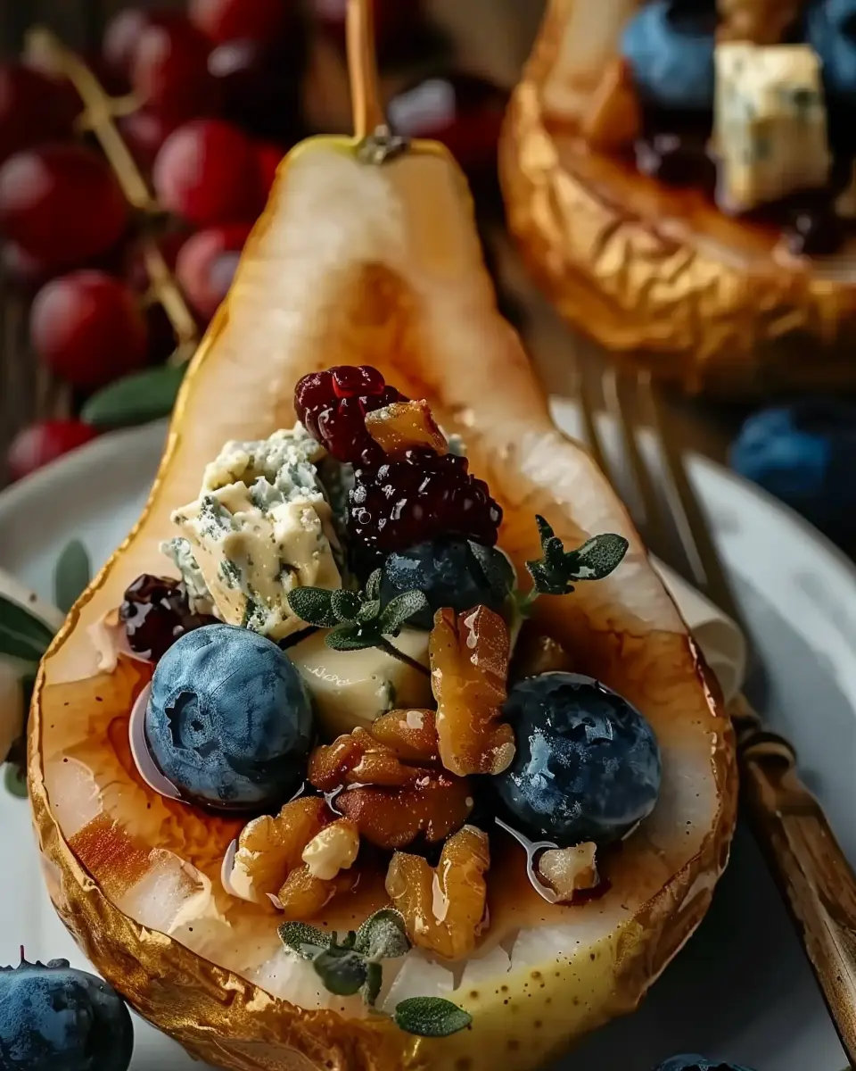 Poire chaude au four avec baies, noix et fromage bleu