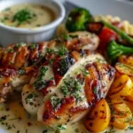 Poulet Grillé avec Sauce Ail Crémeuse, Pâtes et Légumes d'Accompagnement