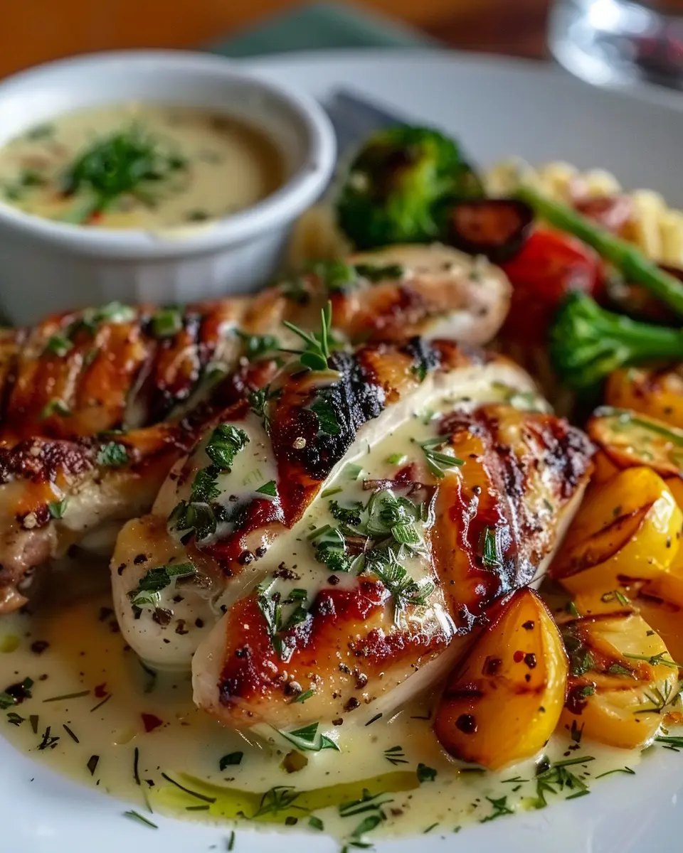 Poulet Grillé avec Sauce Ail Crémeuse, Pâtes et Légumes d'Accompagnement